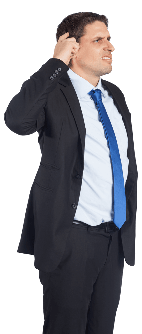 Confused Businessman in Suit with Blue Tie Transparent Background