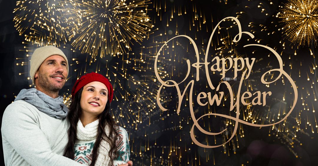 Joyful Couple Witnessing Spectacular New Year Fireworks