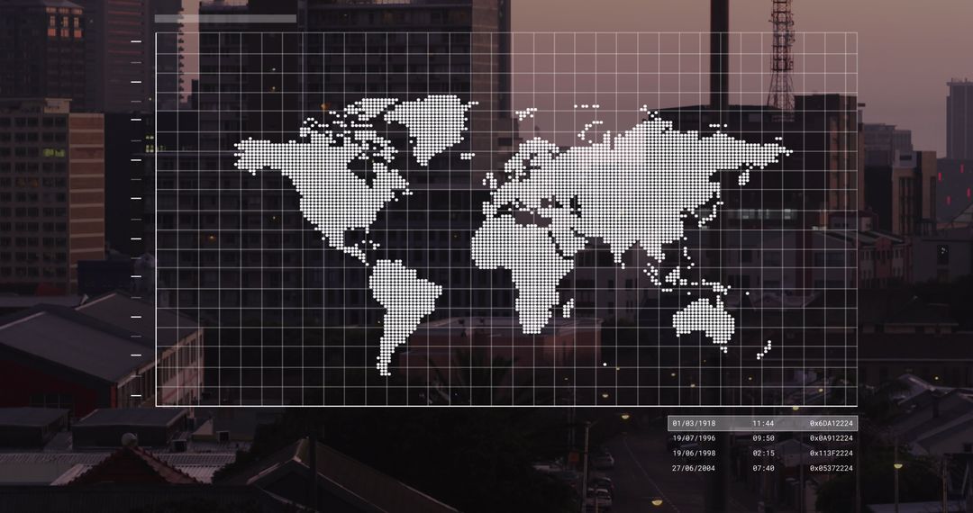 Digital map overlay on cityscape with data interface