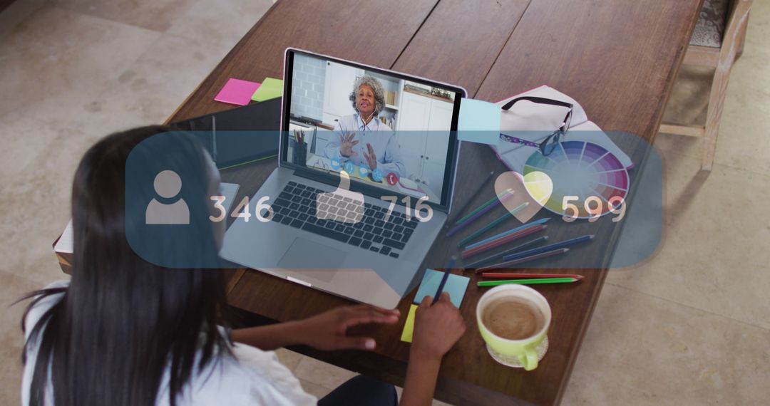 Young Woman Video Calling with Digital Engagement Icons Overlay