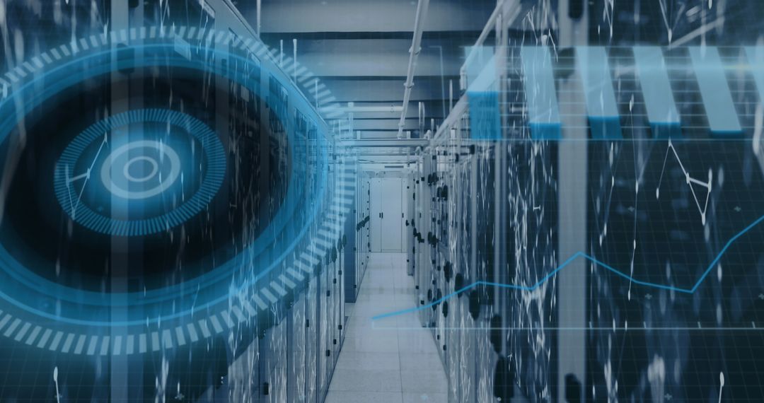 Digital data processing in server room with futuristic overlay
