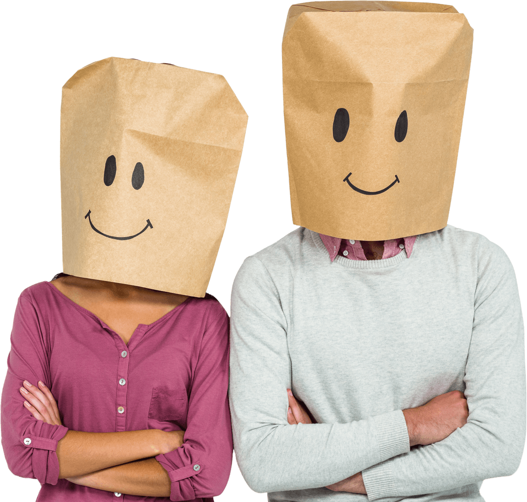Couple Wearing Happy Face Paper Bags with Folded Arms