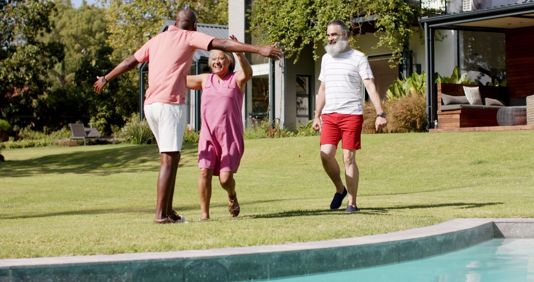Joyful Reunion of Friends by Poolside During Sunny Day