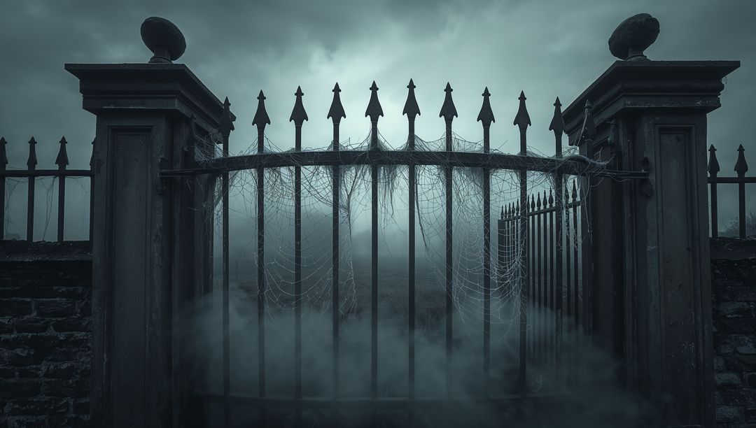 Eerie Gothic Graveyard Gate with Fog and Cobwebs