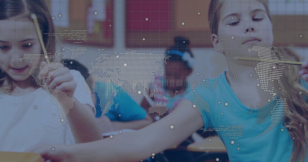 Young Students Sharing in Classroom with World Map Overlay