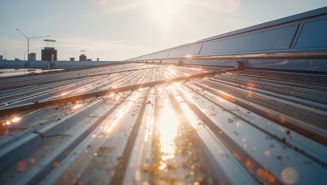 Sunlit Corrugated Metal Rooftop with Reflective Solar Infrastructure