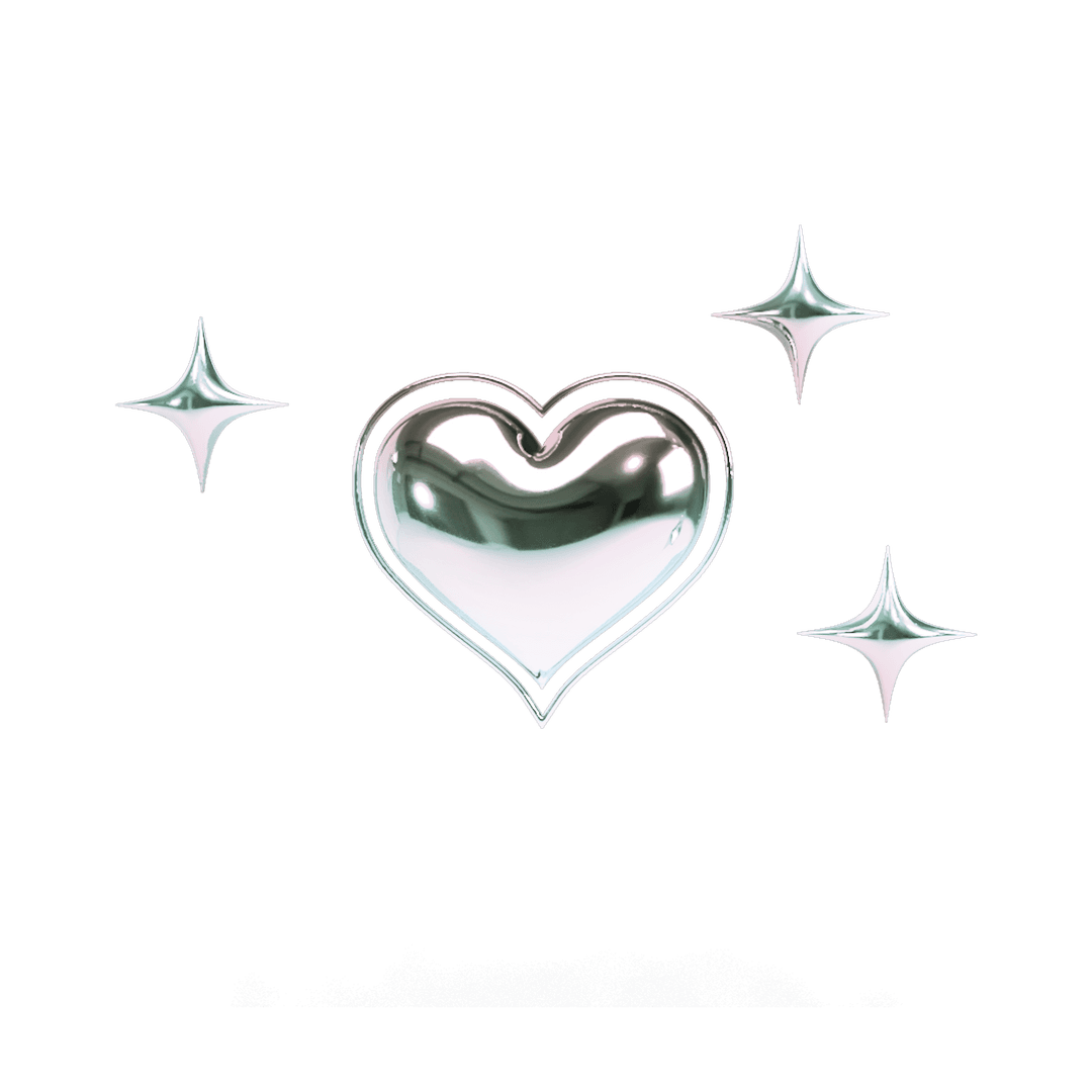 Floating Glossy Silver Heart with Metallic Sparkles on Transparent Background
