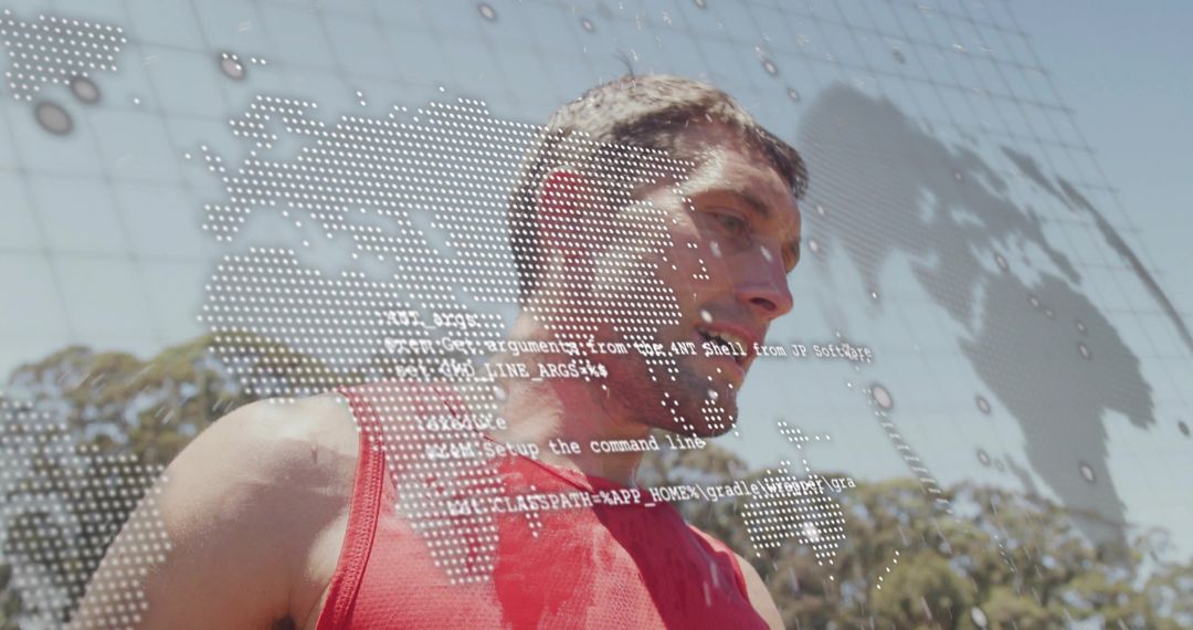 Outdoor Athlete Training with Digital World Map Overlay Representing Global Connectivity