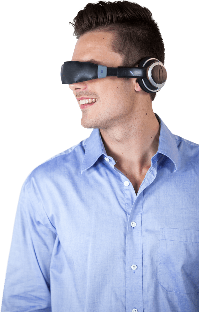 Smiling Man using Transparent Virtual Reality Glasses