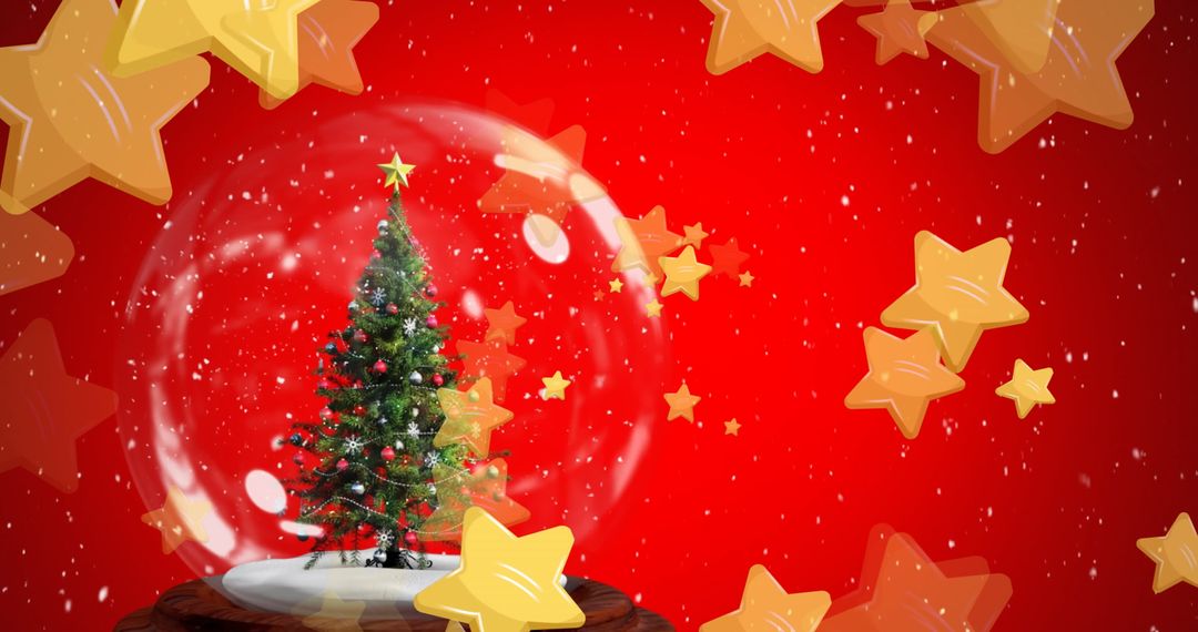 Enchanting Snow Globe with Christmas Tree Featuring Golden Stars