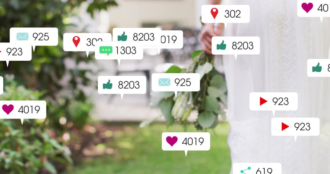 Bride in Garden Surrounded by Social Media Icons Depicting Connectivity
