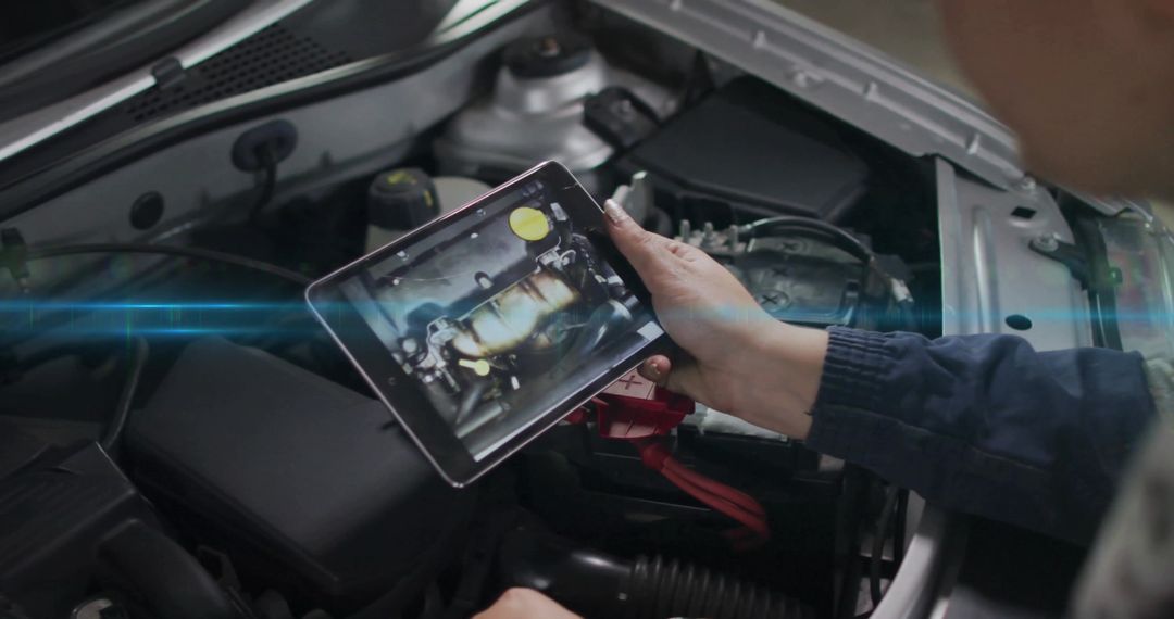 Mechanic Holding Tablet Displaying Engine Diagnostics Over Open Car Hood