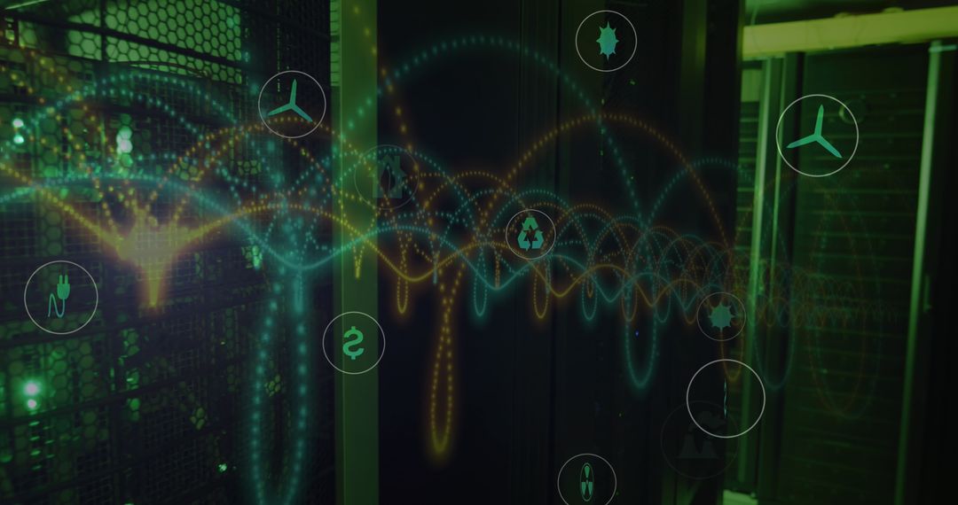 Digital Security Icons and Spiral Pattern in Data Server Room