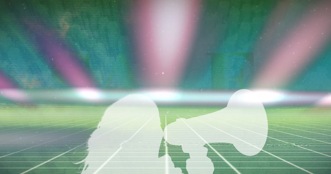 Silhouette of Woman with Megaphone Over Digital Abstract Background