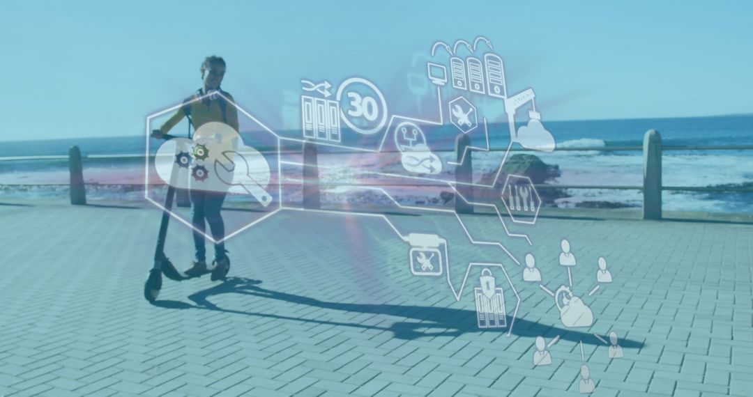 Woman on Scooter with Digital Interface Overlay by Seaside