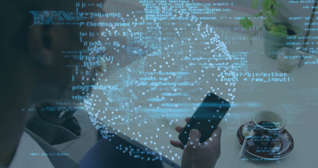 Businessman Analyzing Data with Smartphone at Modern Office Desk