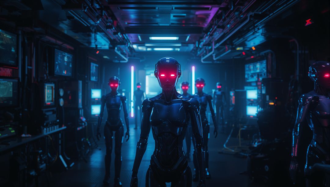 Futuristic Androids Navigating AI Robotics Corridor