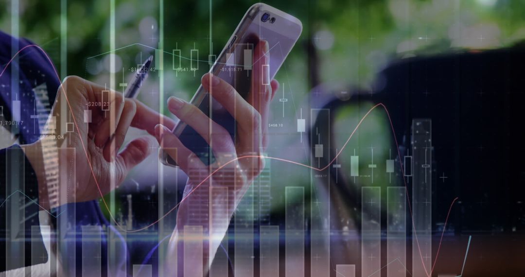 Man Analyzing Financial Data on Smartphone with Futuristic Interface