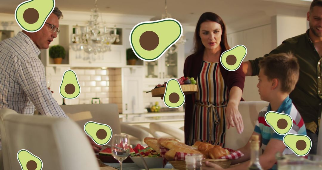 Joyful Family Gathering During Dinner Time with Avocado Overlays