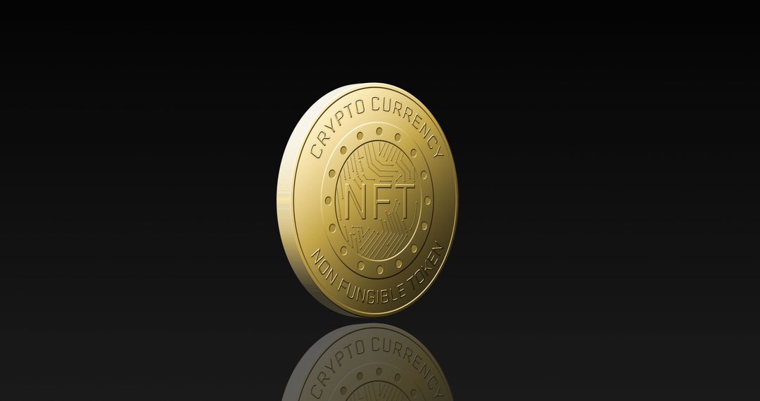 Golden NFT Coin on Black Background with Reflection
