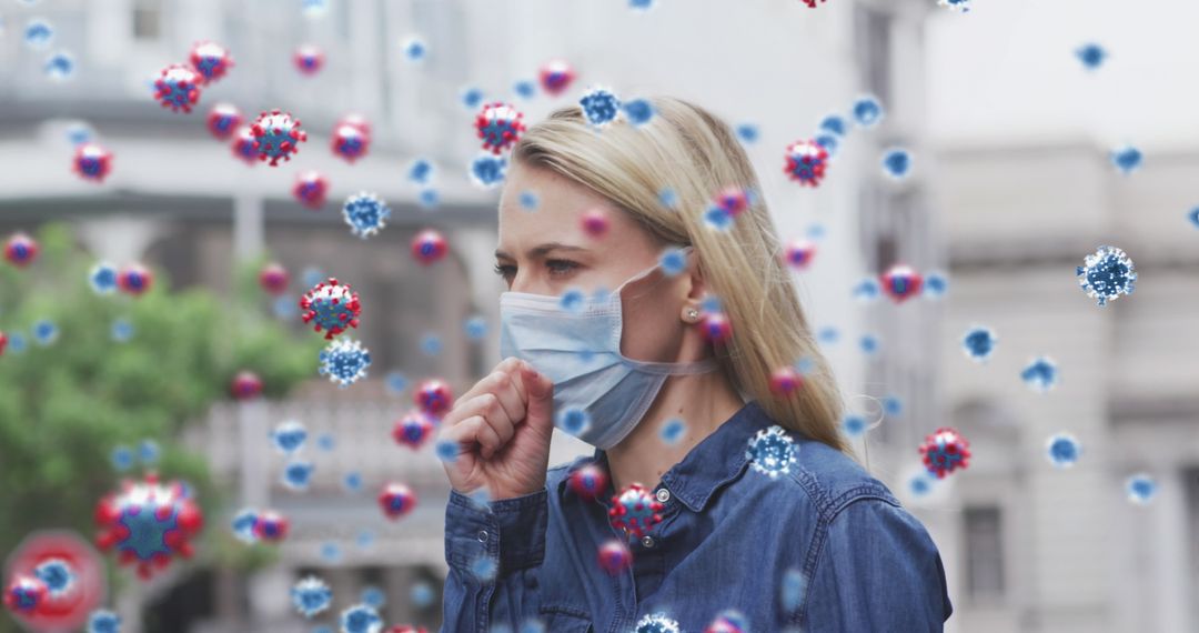Woman in mask coughing amidst floating virus cells