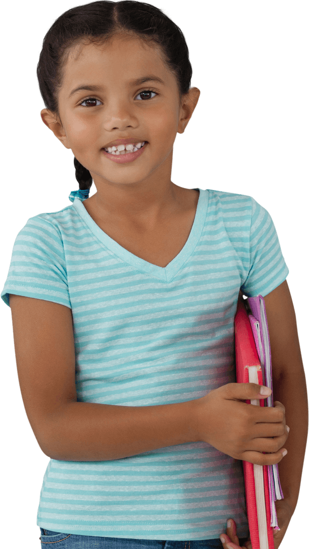 Smiling Girl with Braids Holding Colorful Folders Transparent Background