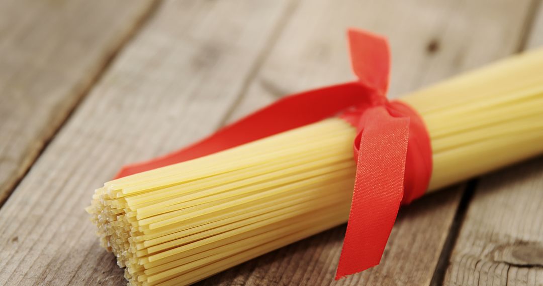 Bundle of Raw Spaghetti Tied with Red Ribbon on Wooden Table - Free Images, Stock Photos and Pictures on Pikwizard.com