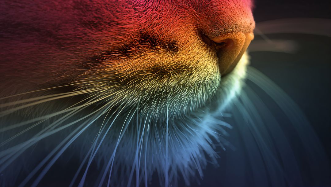 Macro cat muzzle with colorful rim lighting showing nose, chin and long white whiskers