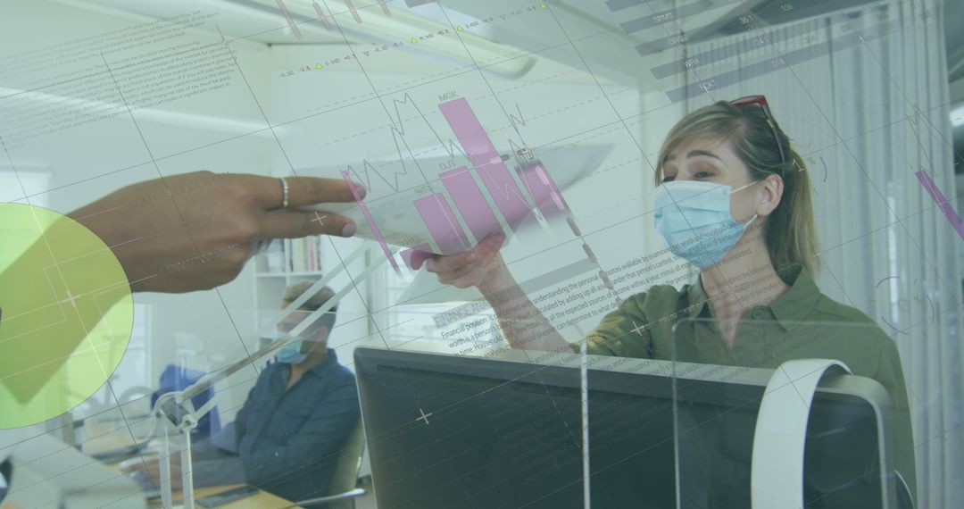 Business Team Analyzing Charts with Masks in Modern Office
