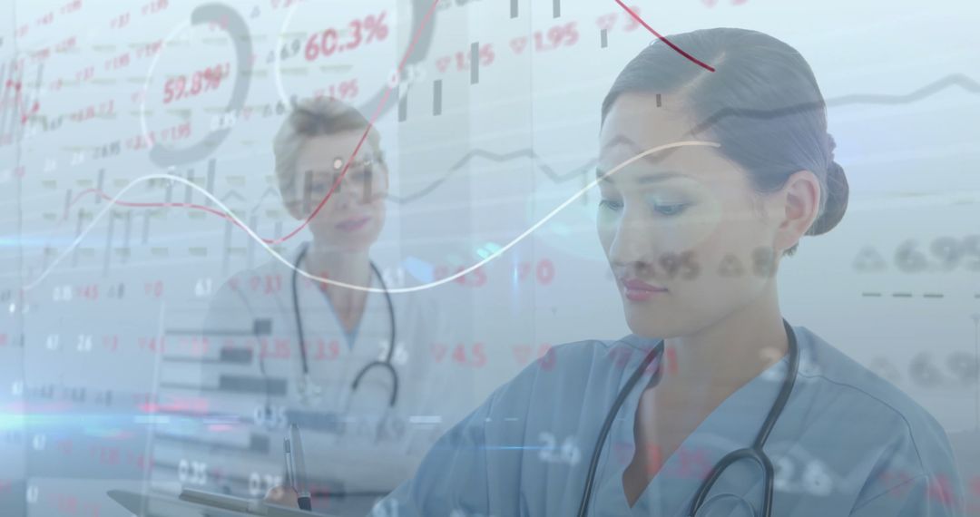 Healthcare Professionals Working with Advanced Analytics Overlay