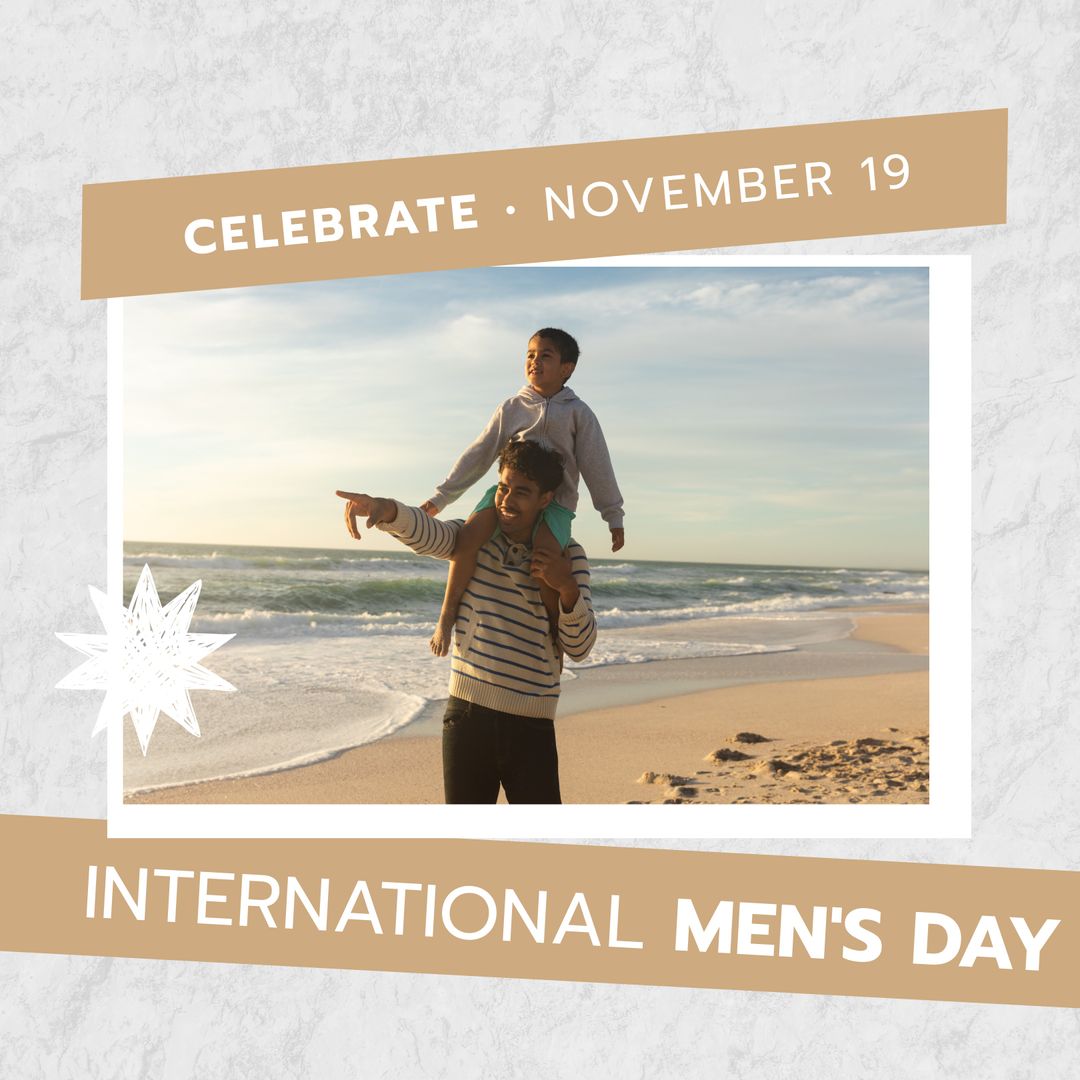 Father and Son Enjoying Beach Walk Celebrates International Men's Day