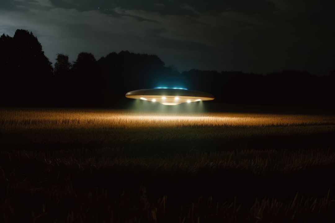 UFO Hovering Over Field at Night with Mysterious Lights - Free Images, Stock Photos and Pictures on Pikwizard.com