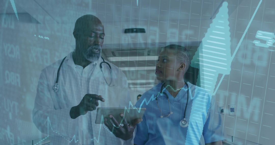 Doctors Analyzing Medical Data on Tablet with Technological Interface