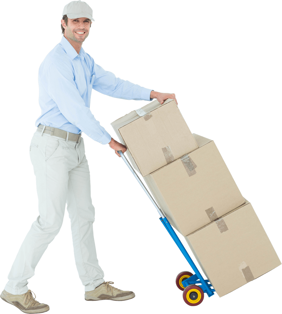 Transparent Delivery Worker Pushing Cart with Cardboard Boxes