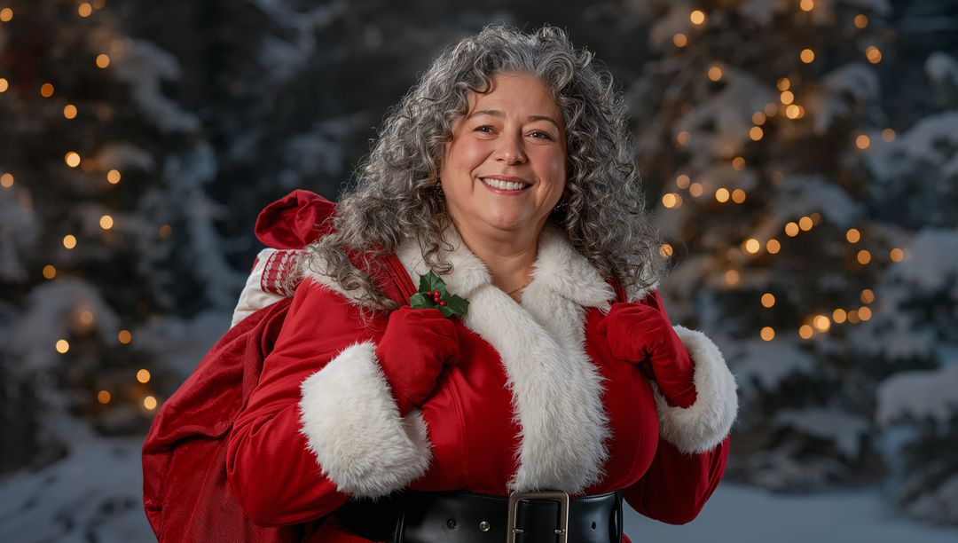 Joyful Elder in Santa Attire Carrying Sack in Snowy Forest