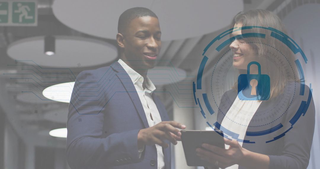 Business professionals reviewing cybersecurity on tablet with digital padlock HUD overlay