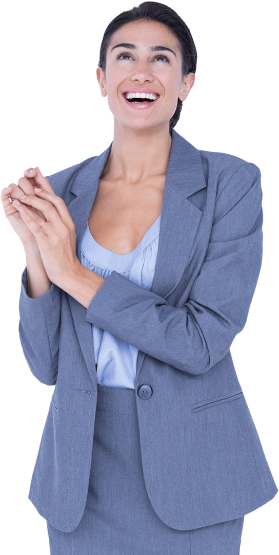 Transparent Excited Businesswoman Smiling in Light Gray Suit