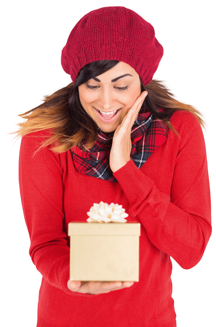 Transparent Thrilled Woman Receiving Gift Box in Red Attire