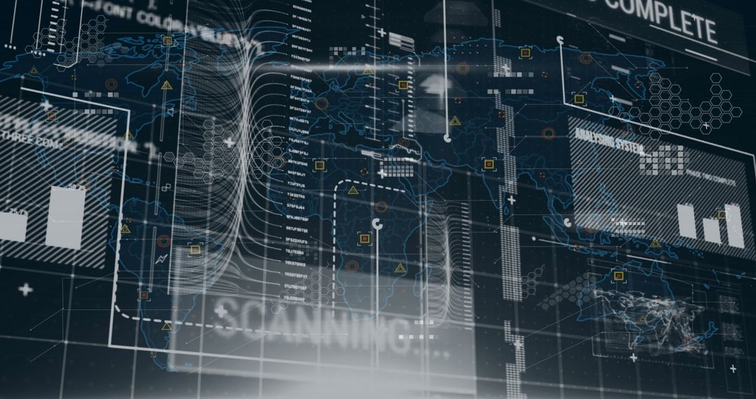 Digital Interface with Financial Data Overlays and World Map Background