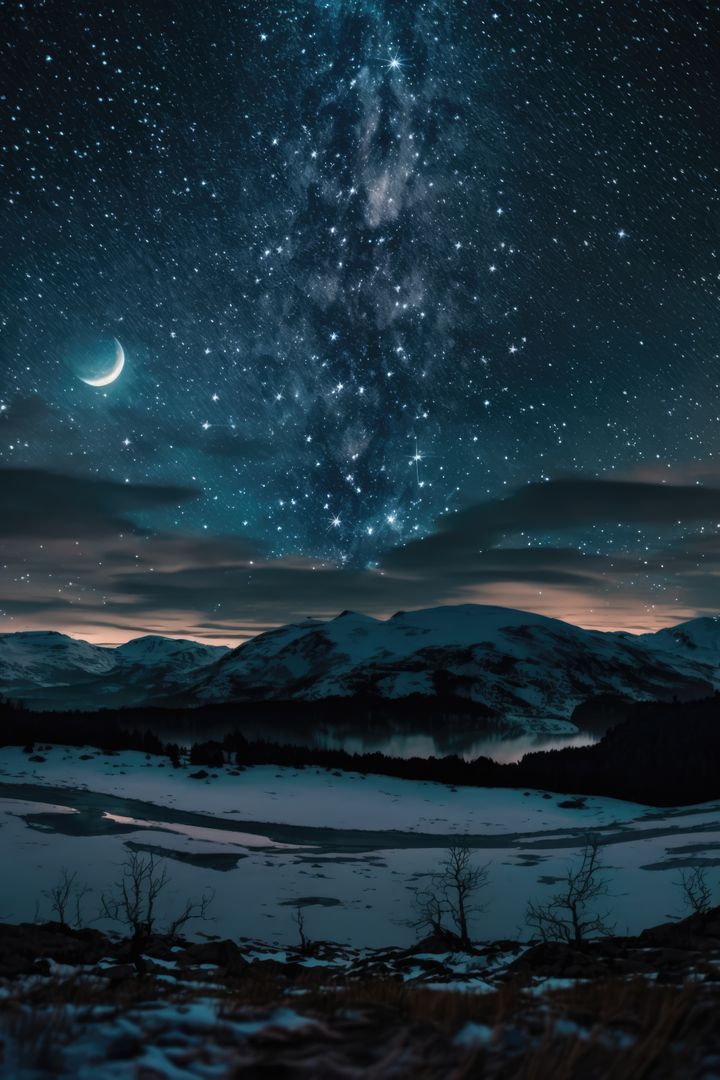 Starry Night Sky Over Snow-Capped Mountains with Crescent Moon - Free Images, Stock Photos and Pictures on Pikwizard.com