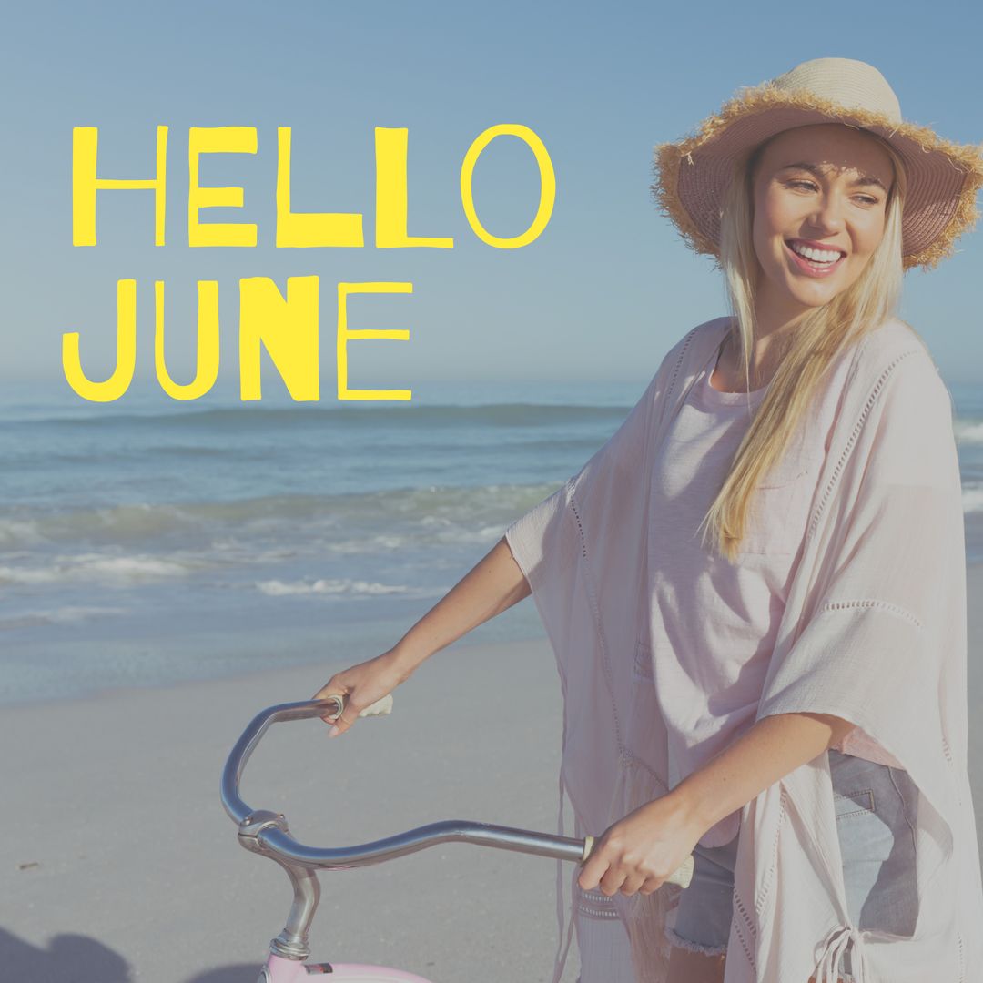 Welcoming June: Joyful Woman Cycling by Seaside in Summer Hat