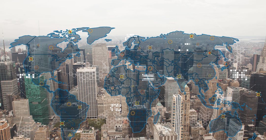 World Map Overlay on Cityscape Illustrating Global Connectivity
