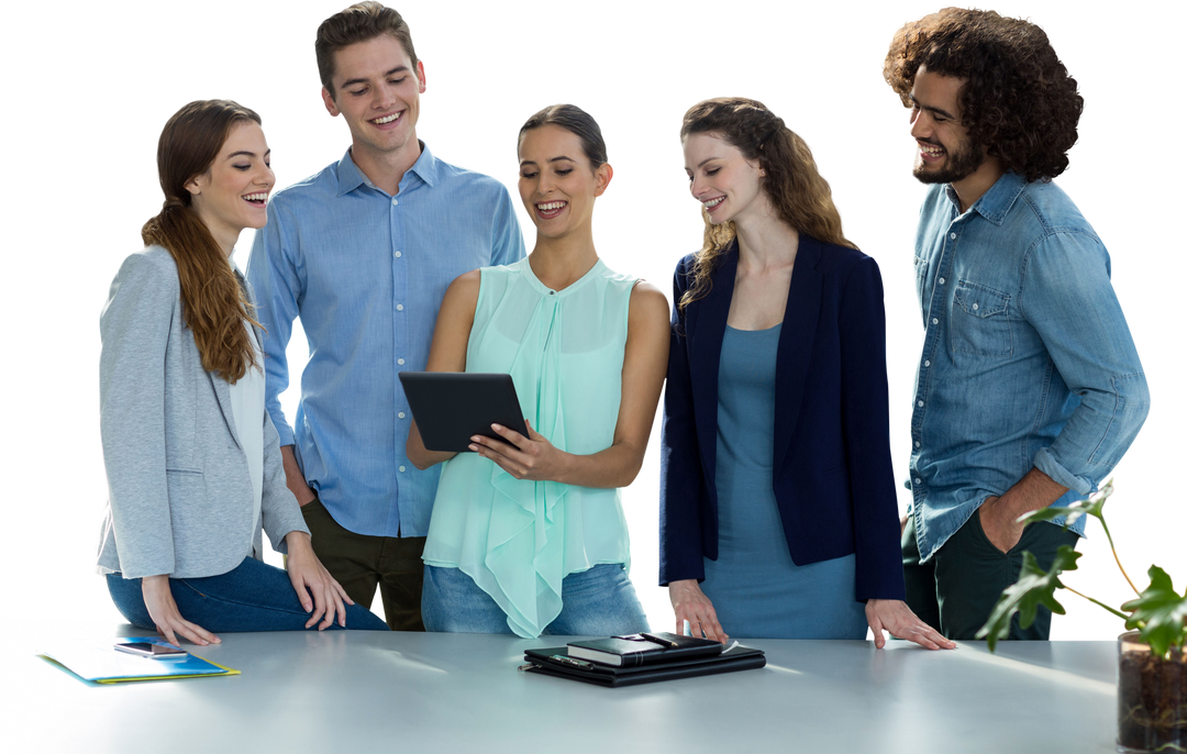 Transparent Smiling Team Discussion with Digital Tablet - Download Free Stock Images Pikwizard.com