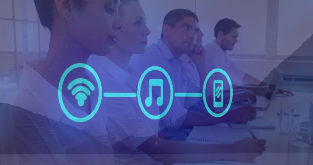 Digital Technology Icons Interface Over Business Team in Meeting Room