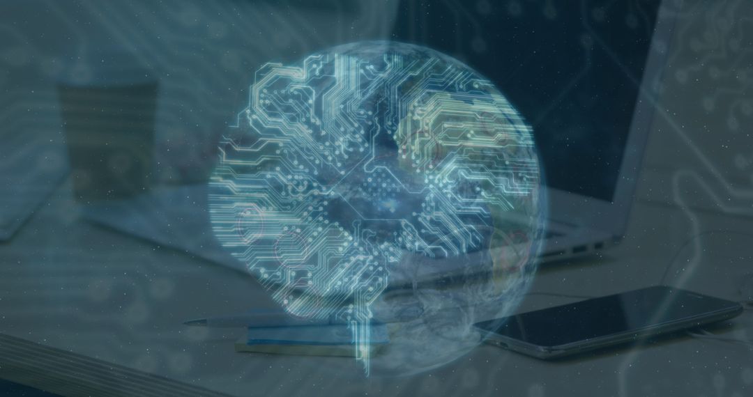 Futuristic Spinning Globe Overlay with Circuit Network