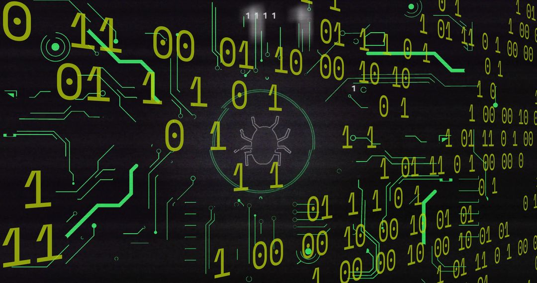 Neon cybersecurity bug detection concept with pulsing circular target and binary code