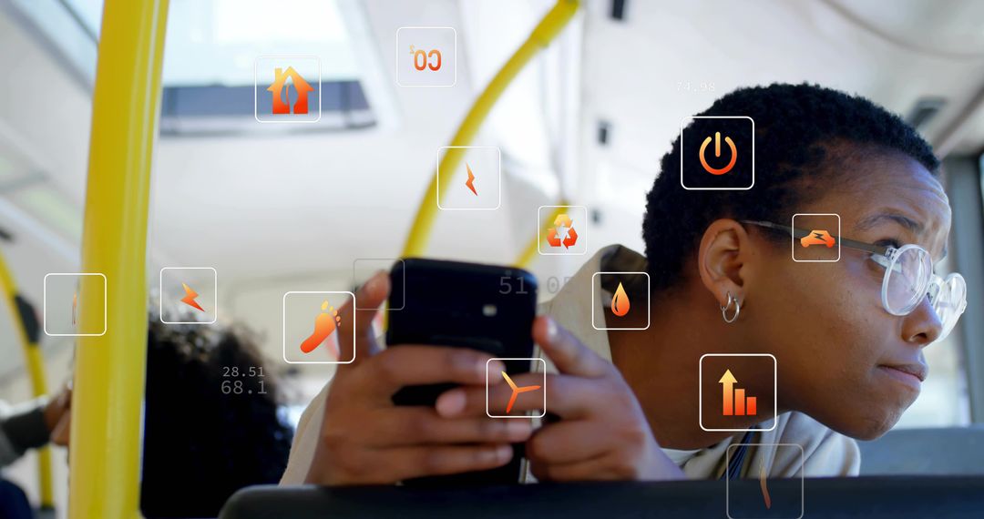 Commuter interacting with smartphone AR transit overlays while viewing route data on bus