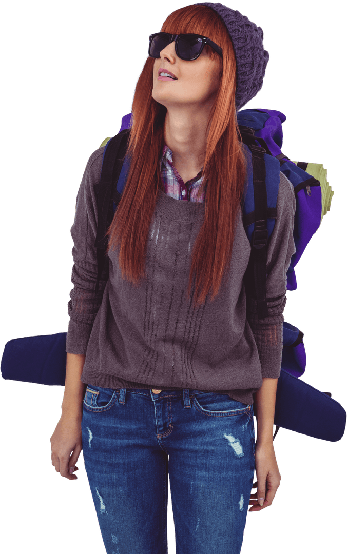 Hipster Woman with Transparent Travel Bag Style Backdrop