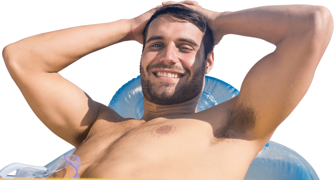 Cheerful Man Relaxing on Inflatable Transparent Background