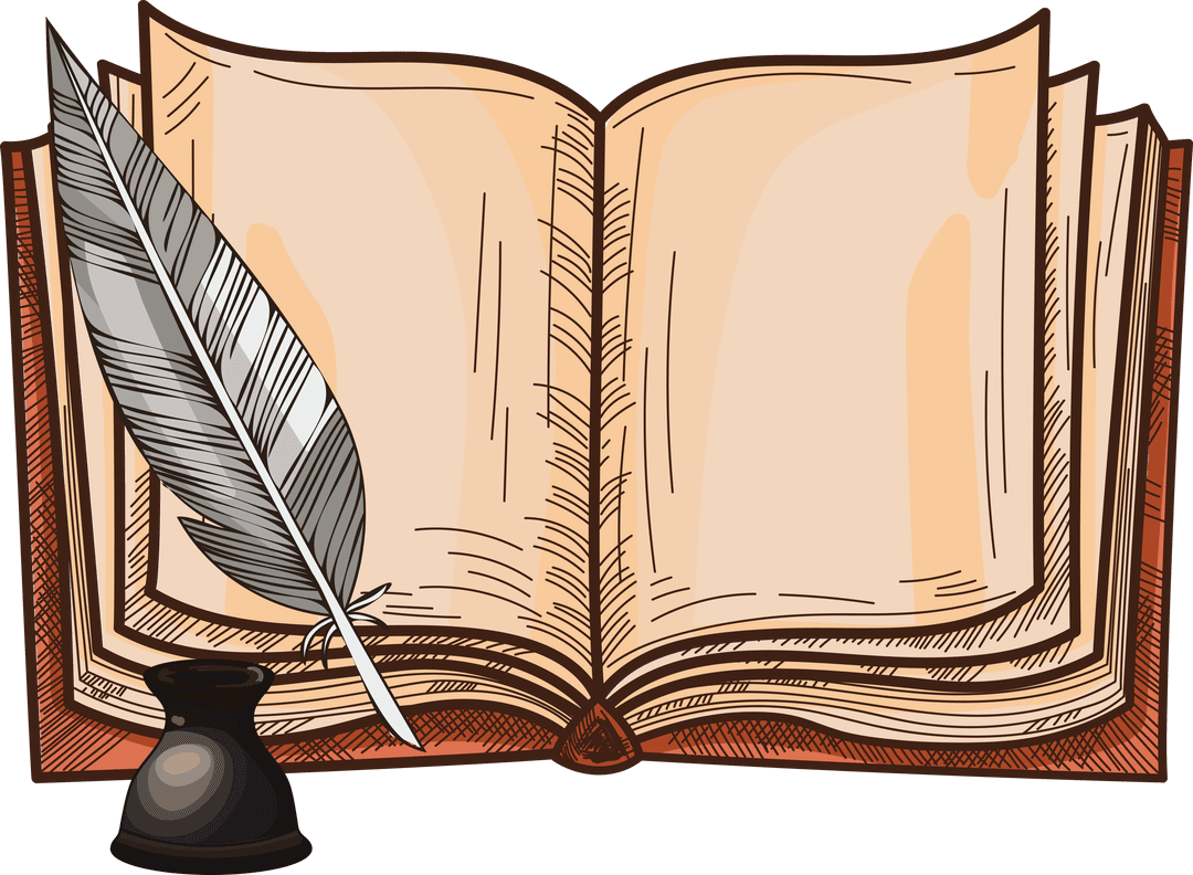 Vintage Book with Quill and Inkpot on Transparent Background